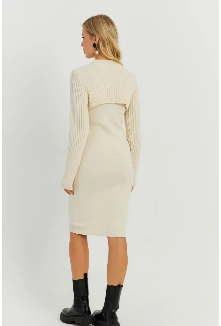 Kadın Ekru Bolerolu Triko Maxi Elbise YZ558