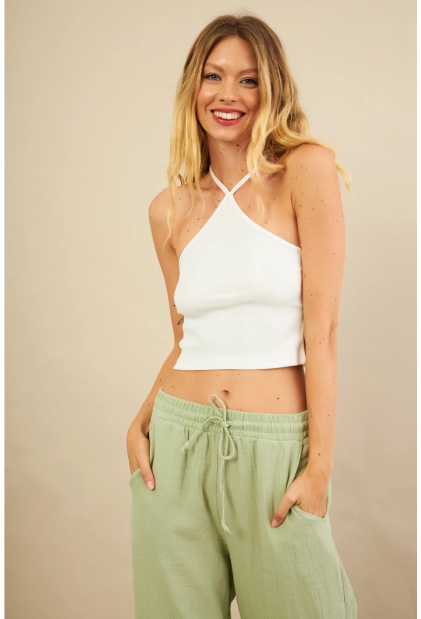 Kadın Ekru Boncuk Detaylı Sırtı Açık Bluz LPP1245-90