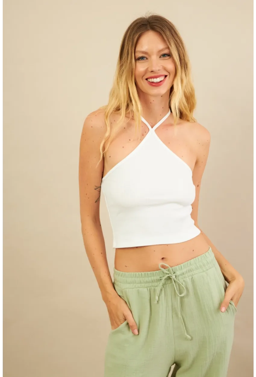 Kadın Ekru Boncuk Detaylı Sırtı Açık Bluz LPP1245-90