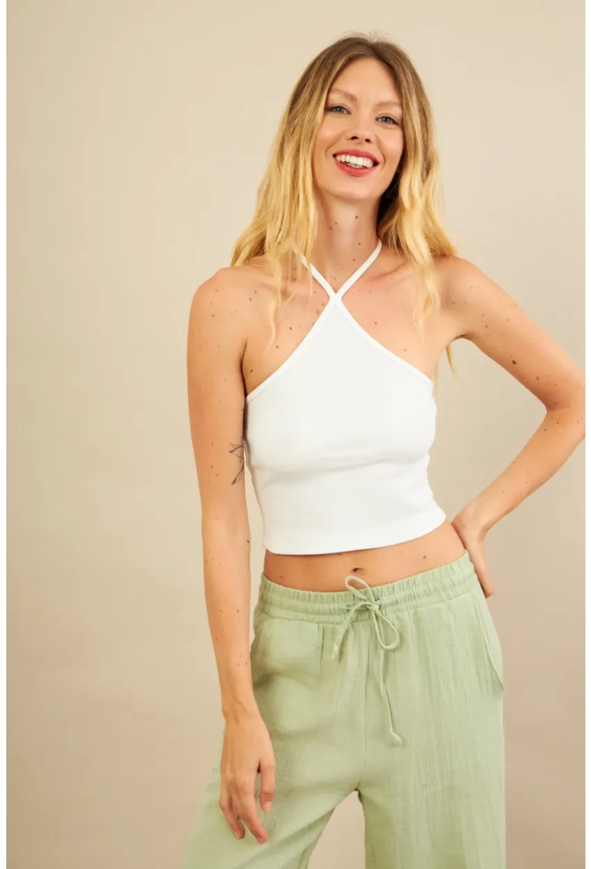 Kadın Ekru Boncuk Detaylı Sırtı Açık Bluz LPP1245-90