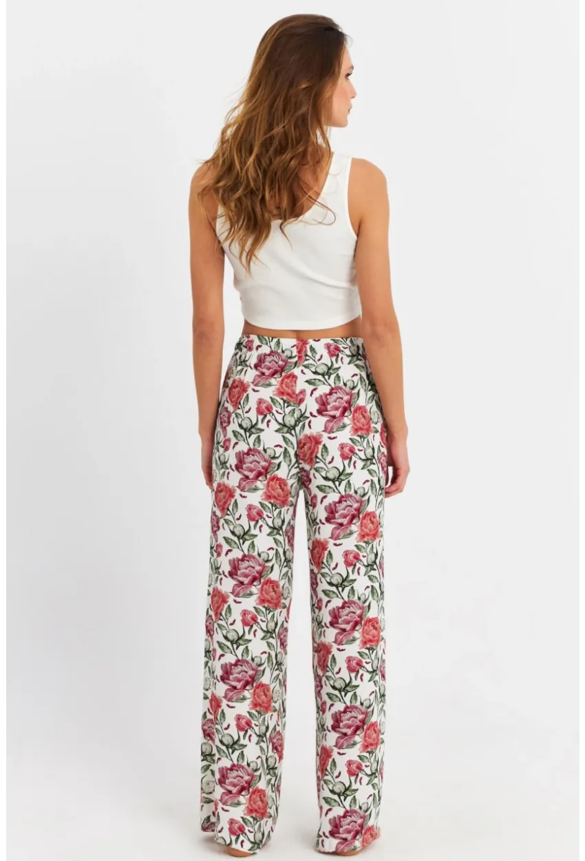 Kadın Ekru-Bordo Çiçek Desenli Pantolon FLS03