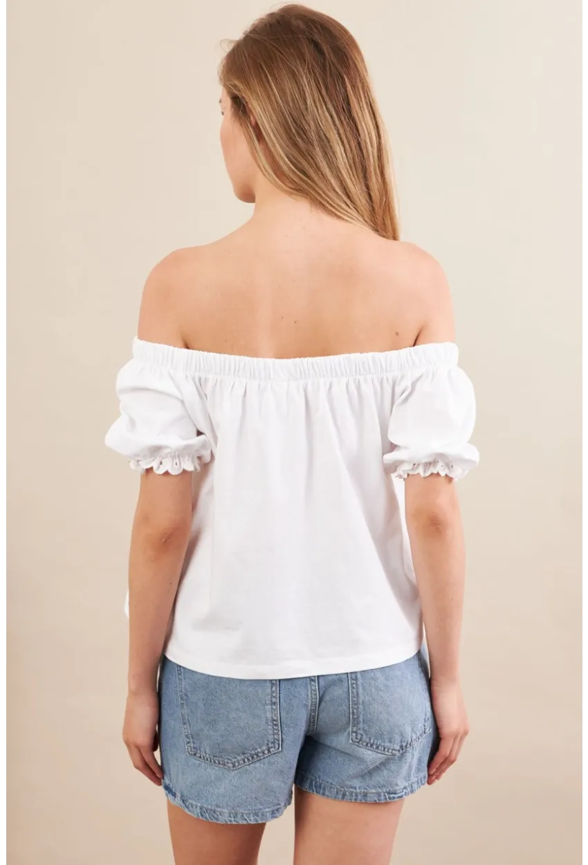 Kadın Ekru Carmen Yaka Balon Kol Bluz SAN106