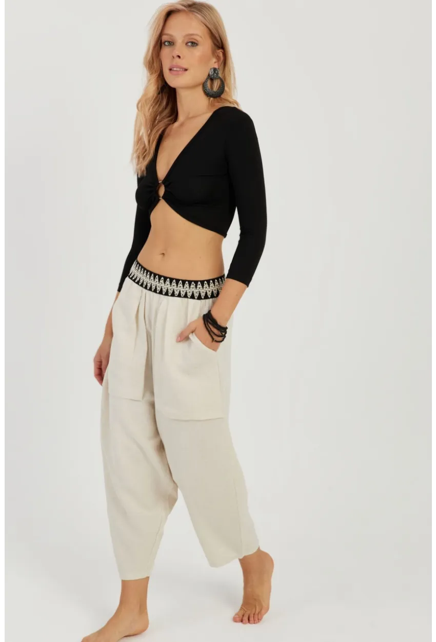 Kadın Ekru Cepli Şalvar Pantolon ÖM1203