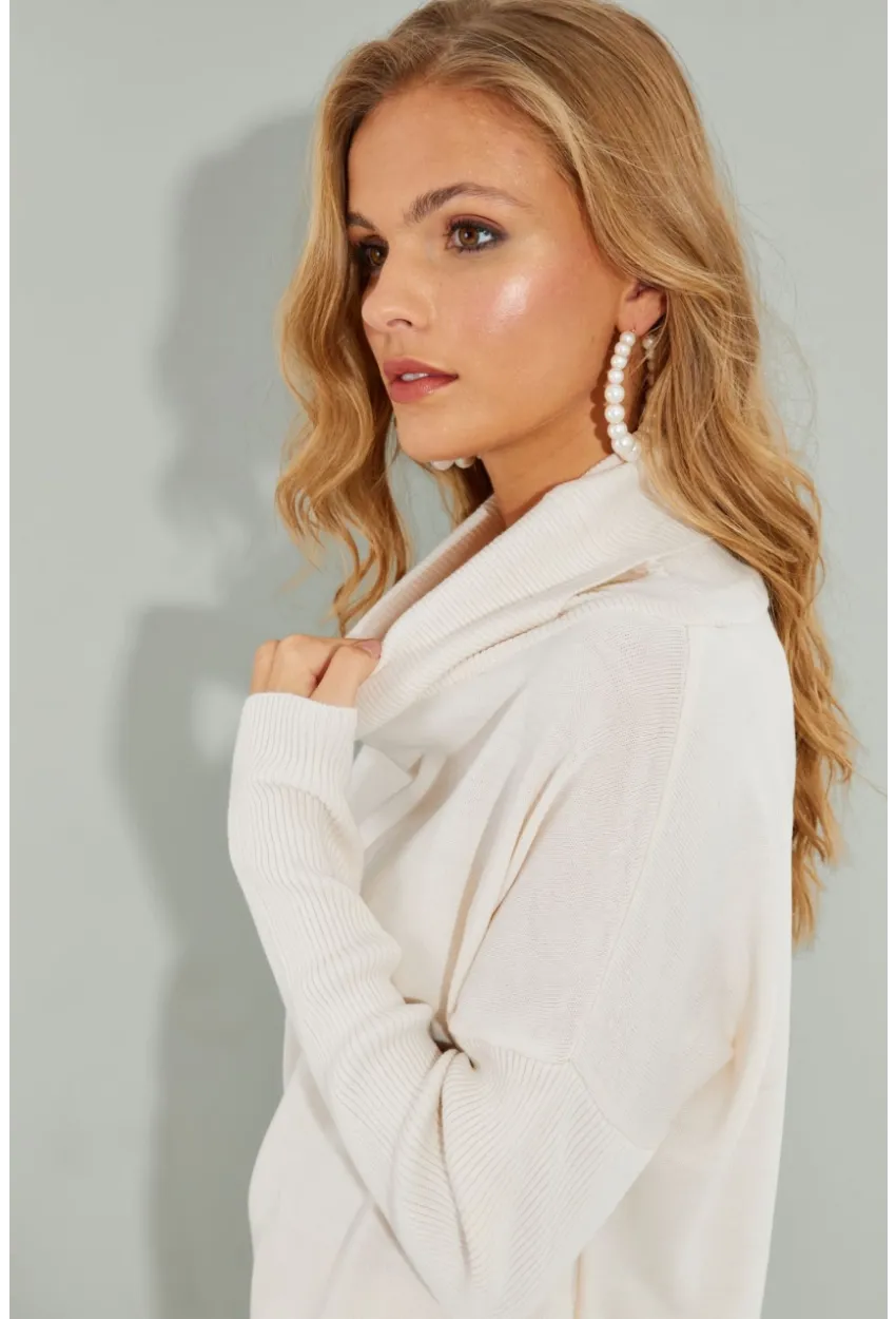 Kadın Ekru Degaje Yaka Cepli Triko Kazak YZ519