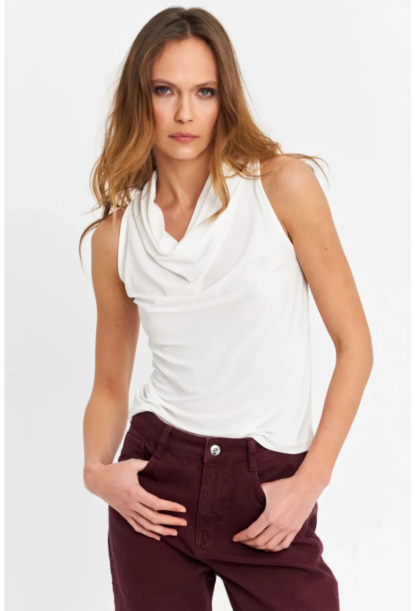 Kadın Ekru Degaje Yaka Kolsuz Bluz LPP1226-90