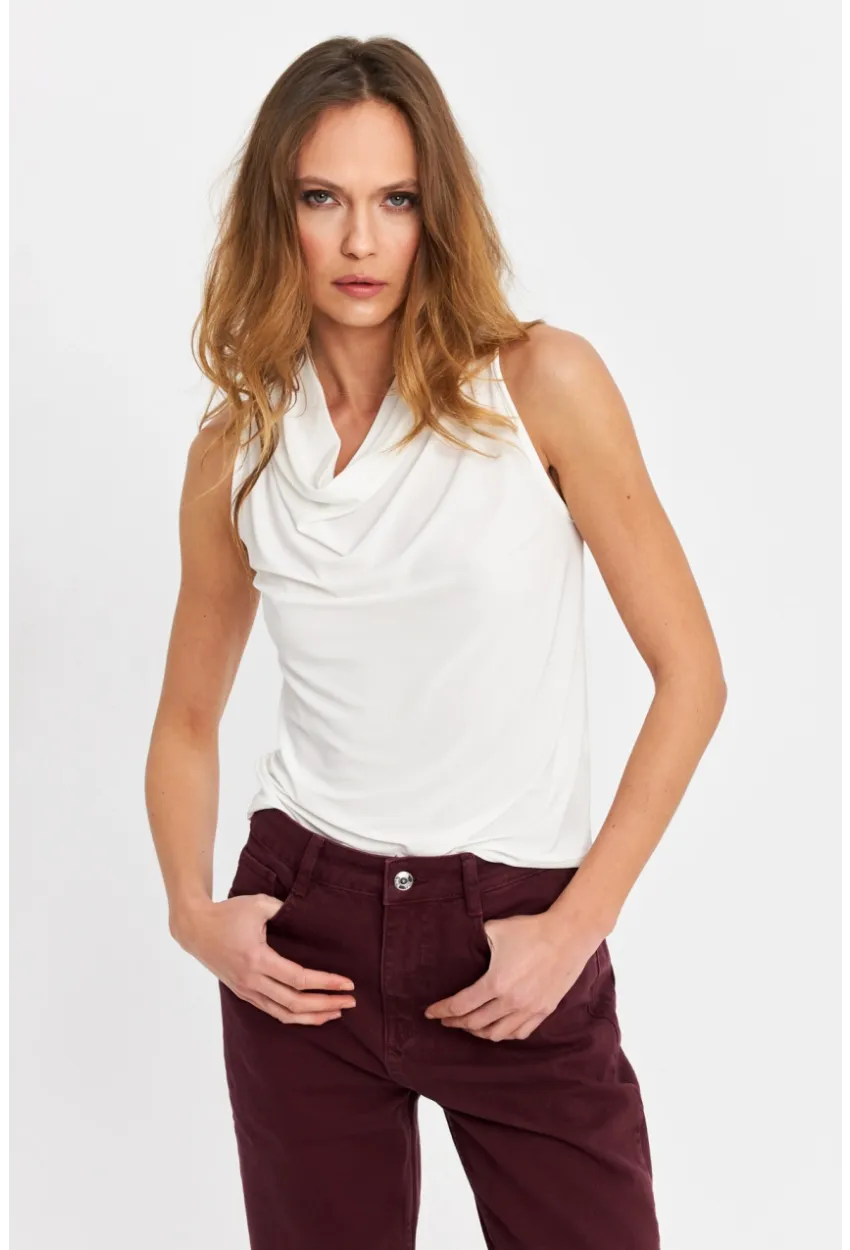 Kadın Ekru Degaje Yaka Kolsuz Bluz LPP1226-90