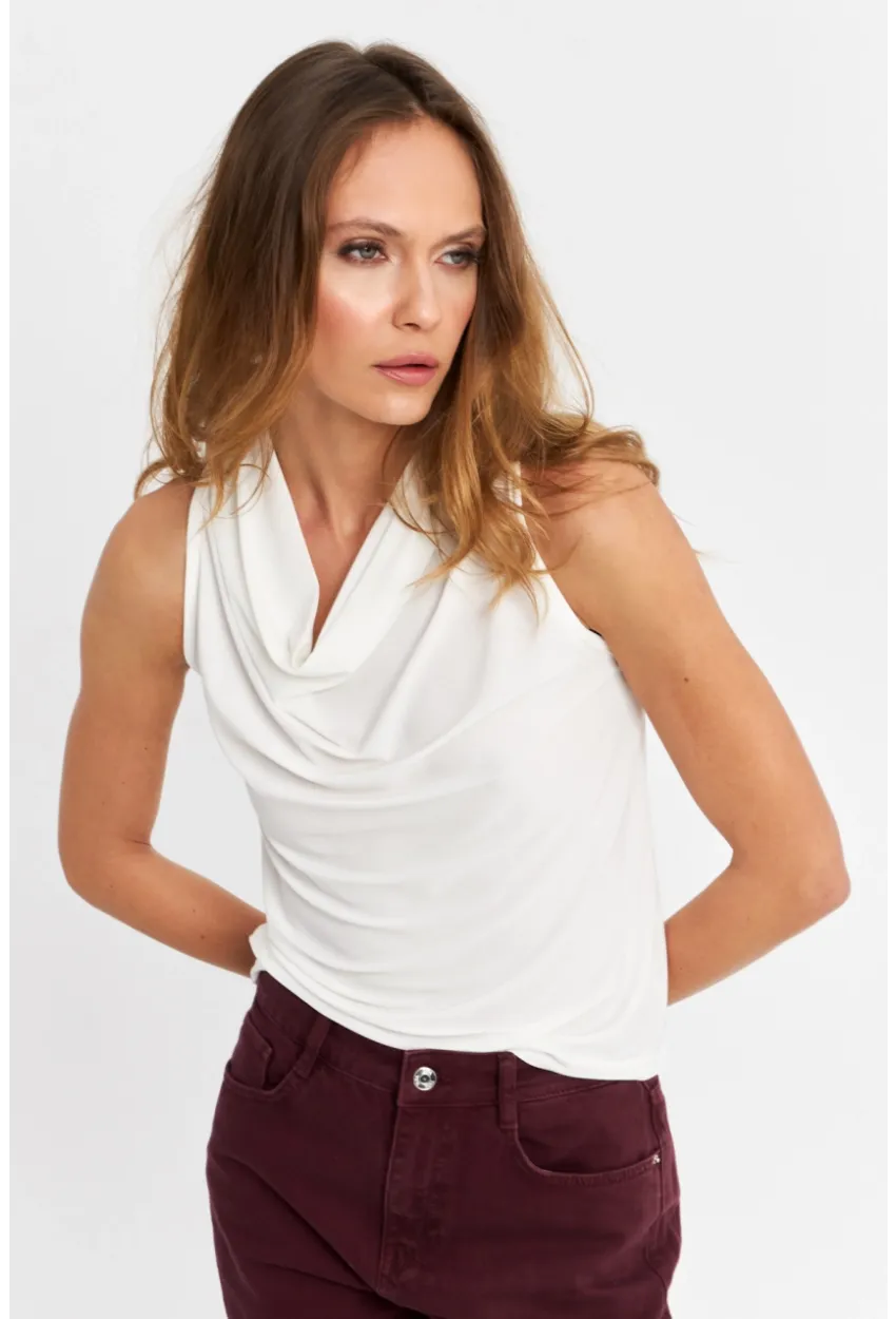 Kadın Ekru Degaje Yaka Kolsuz Bluz LPP1226-90