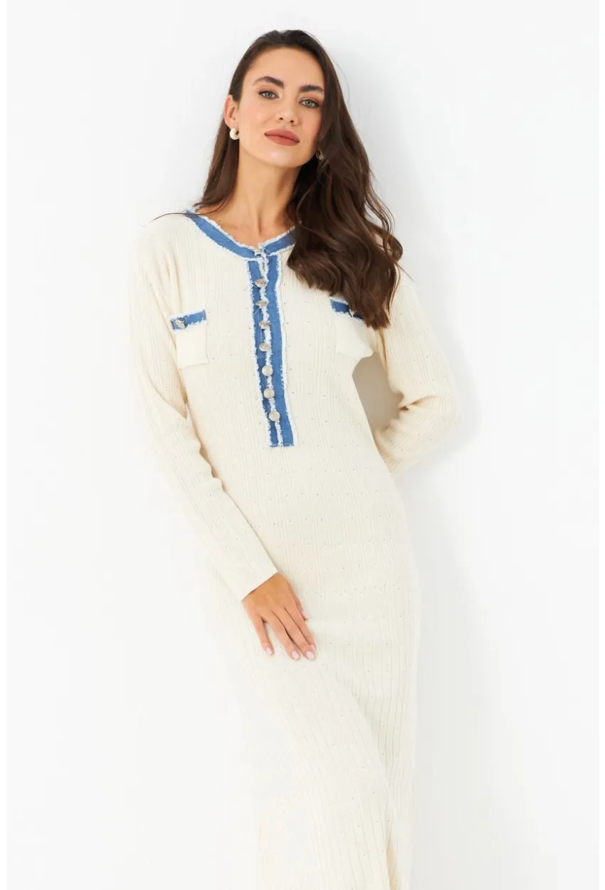 Kadın Ekru Denim Detaylı Maxi Elbise MQAS200