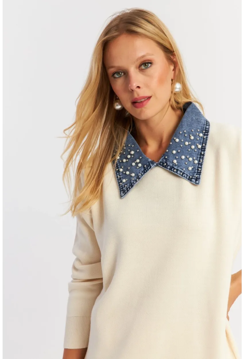 Kadın Ekru Denim Yakalı İncili Alt Üst Triko Takım NUV22