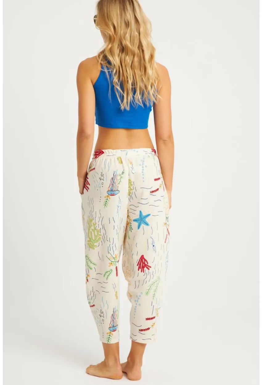 Kadın Ekru Desenli Keten Şalvar Pantolon K1253