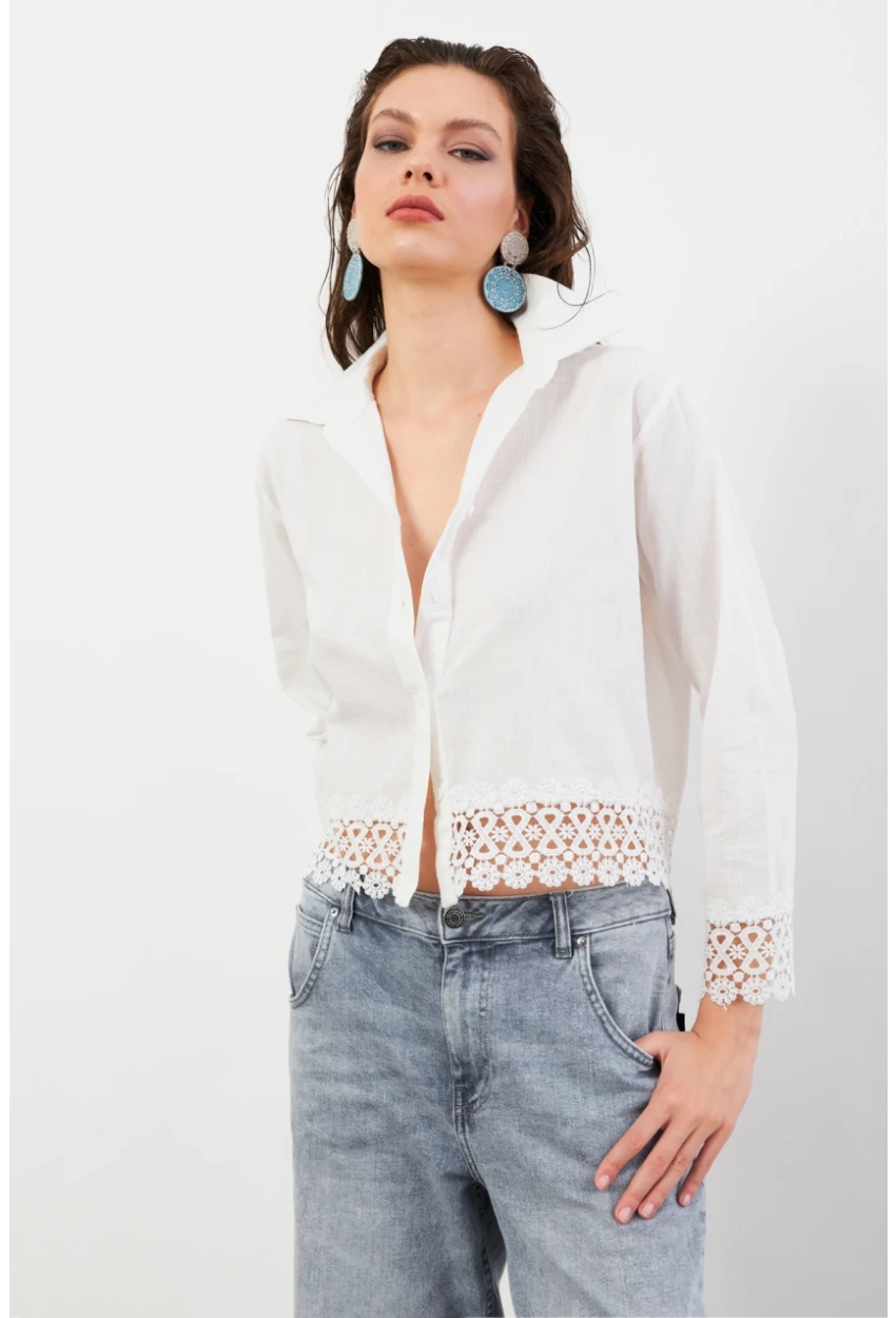 Kadın Ekru Güpürlü Gömlek MPC030