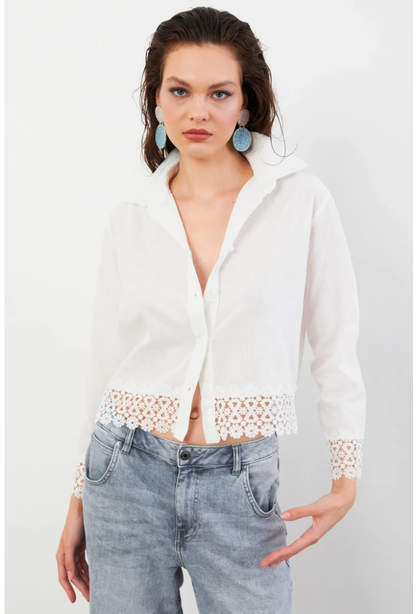 Kadın Ekru Güpürlü Gömlek MPC030