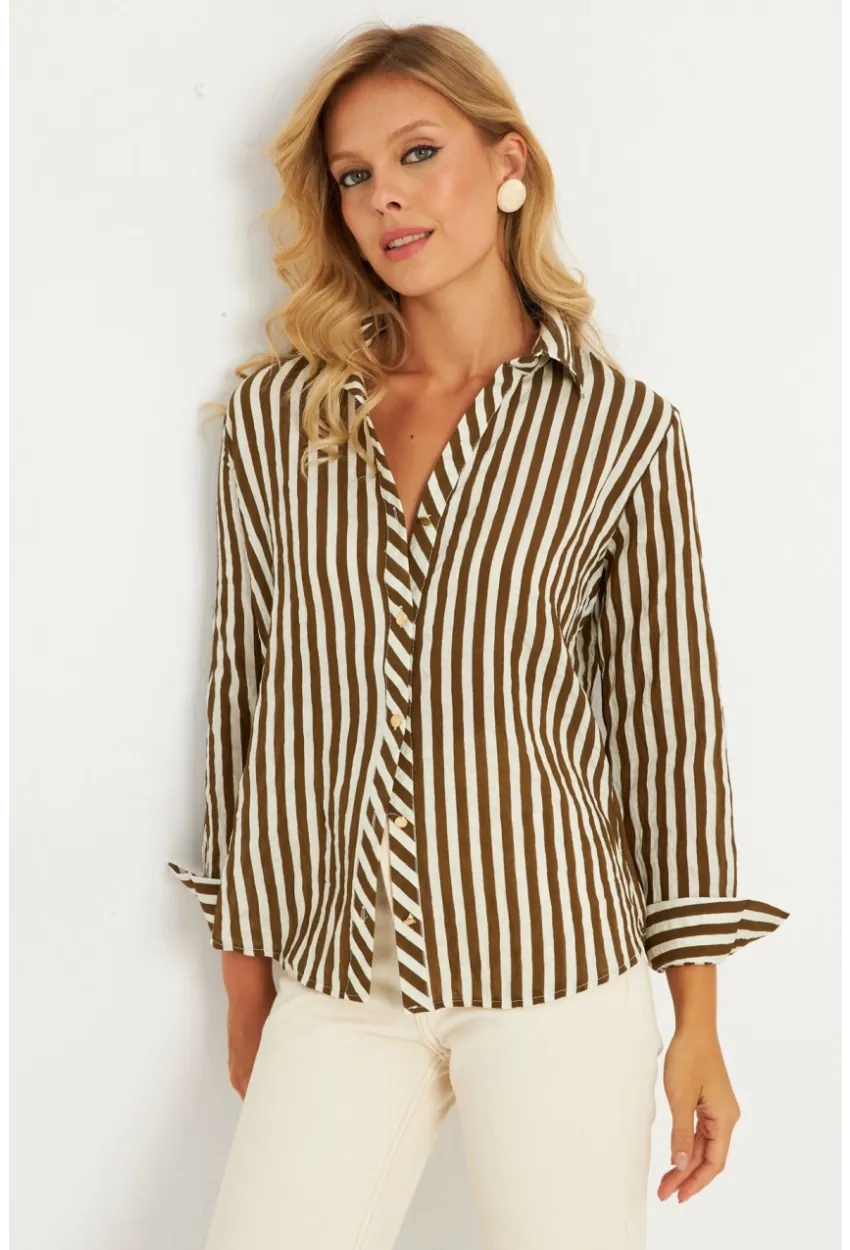 Kadın Ekru-Haki Çizgili Gömlek KED709