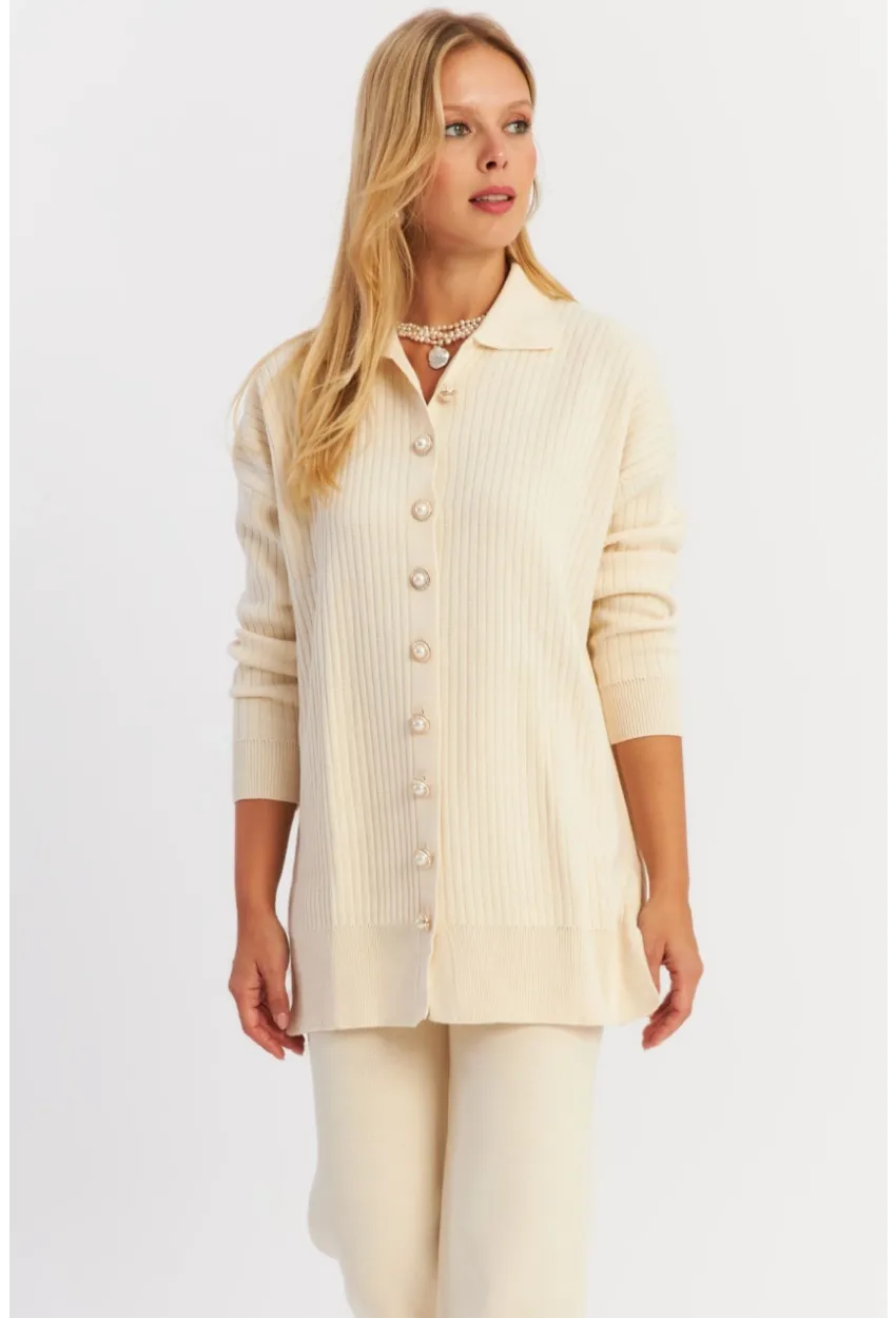 Kadın Ekru İnci Düğmeli Hırka Triko Alt Üst Takım MNUV26