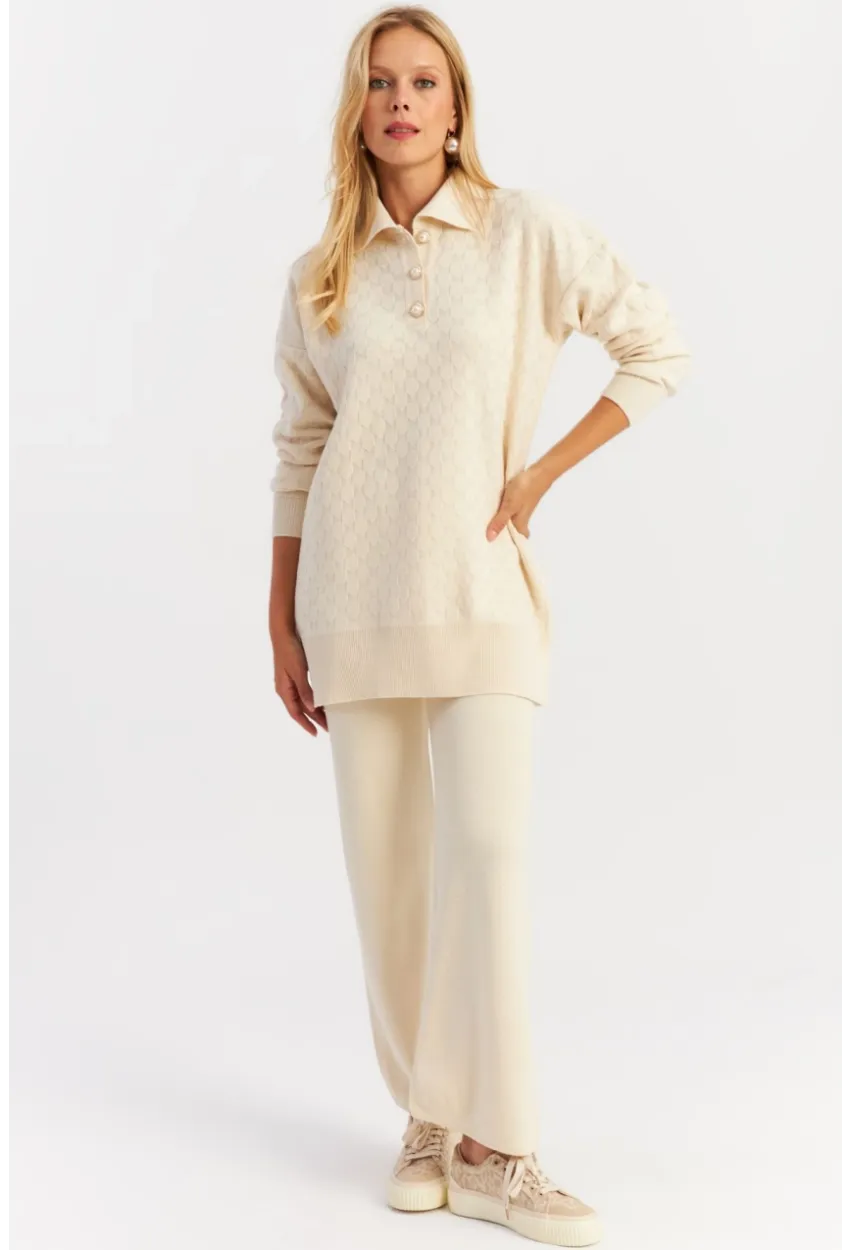 Kadın Ekru İnci Düğmeli Triko Alt Üst Takım NUV33