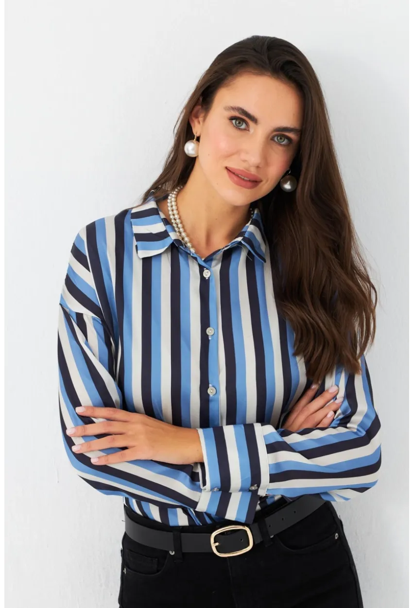 Kadın Ekru-İndigo Desenli Saten Gömlek MSHR500