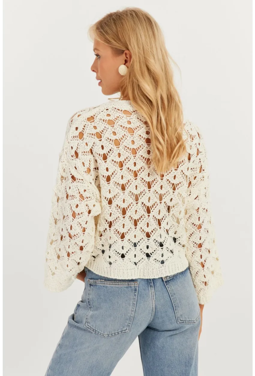 Kadın Ekru İspanyol Kol Ajurlu Triko Bluz MİW0761