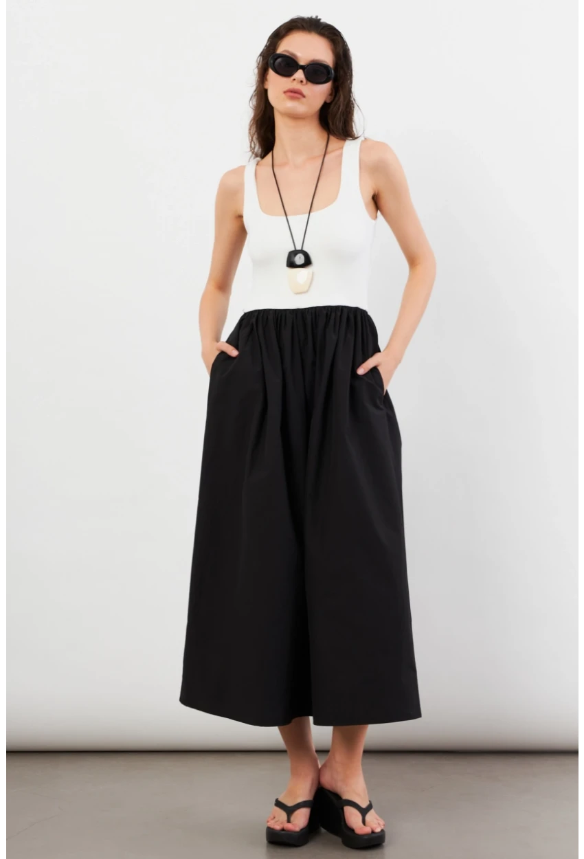 Kadın Ekru Kare Yaka Paraşüt Midi Elbise İRE1460