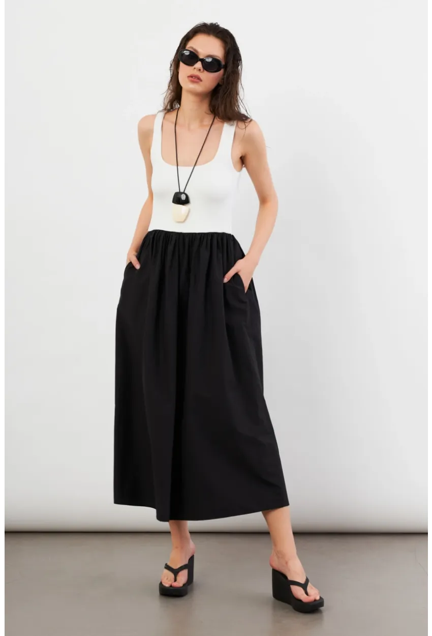 Kadın Ekru Kare Yaka Paraşüt Midi Elbise İRE1460