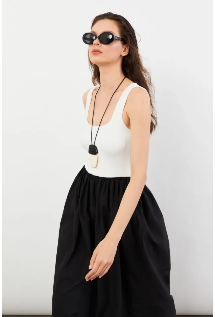 Kadın Ekru Kare Yaka Paraşüt Midi Elbise İRE1460