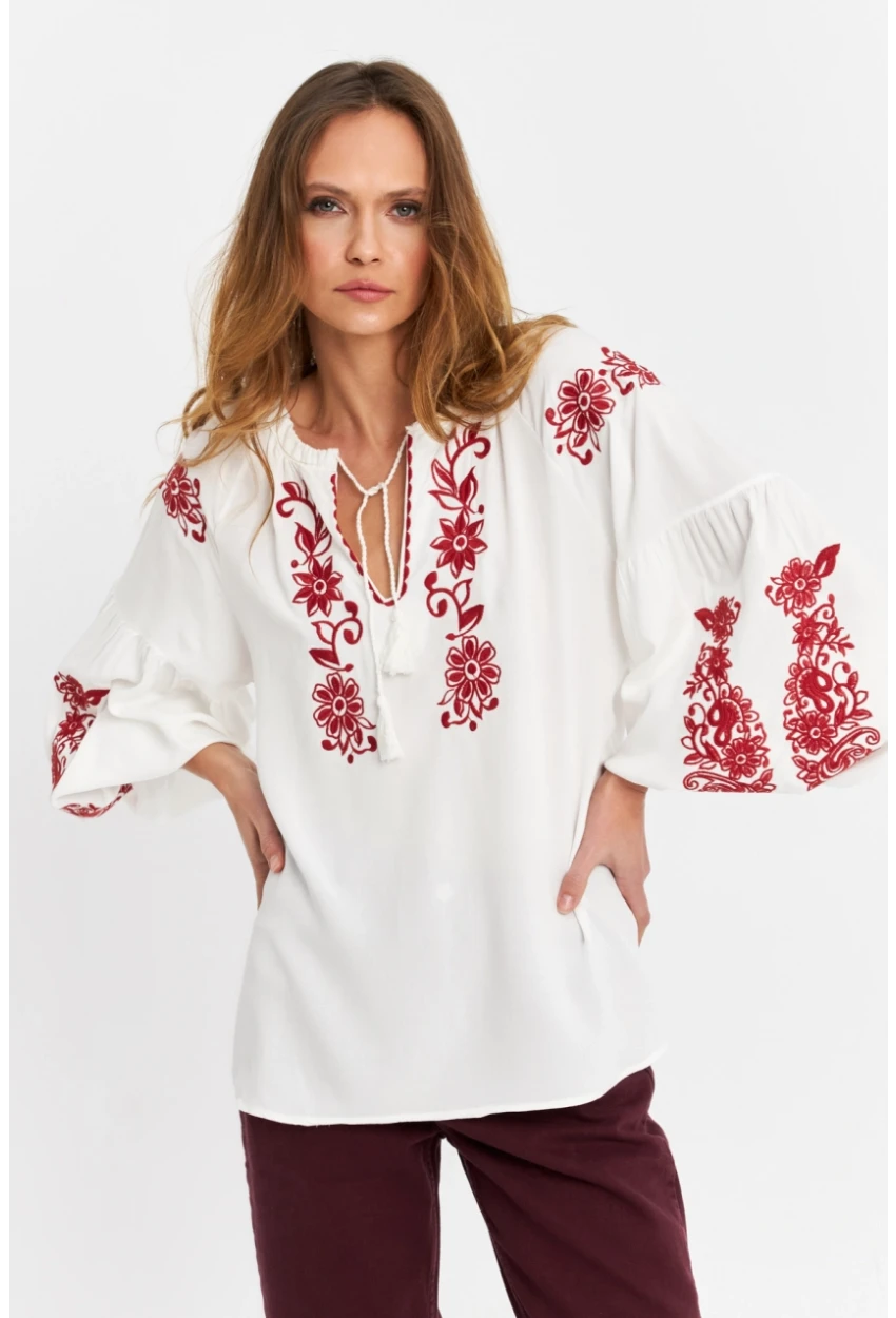 Kadın Ekru-Kiremit Nakışlı Bluz MQS5816
