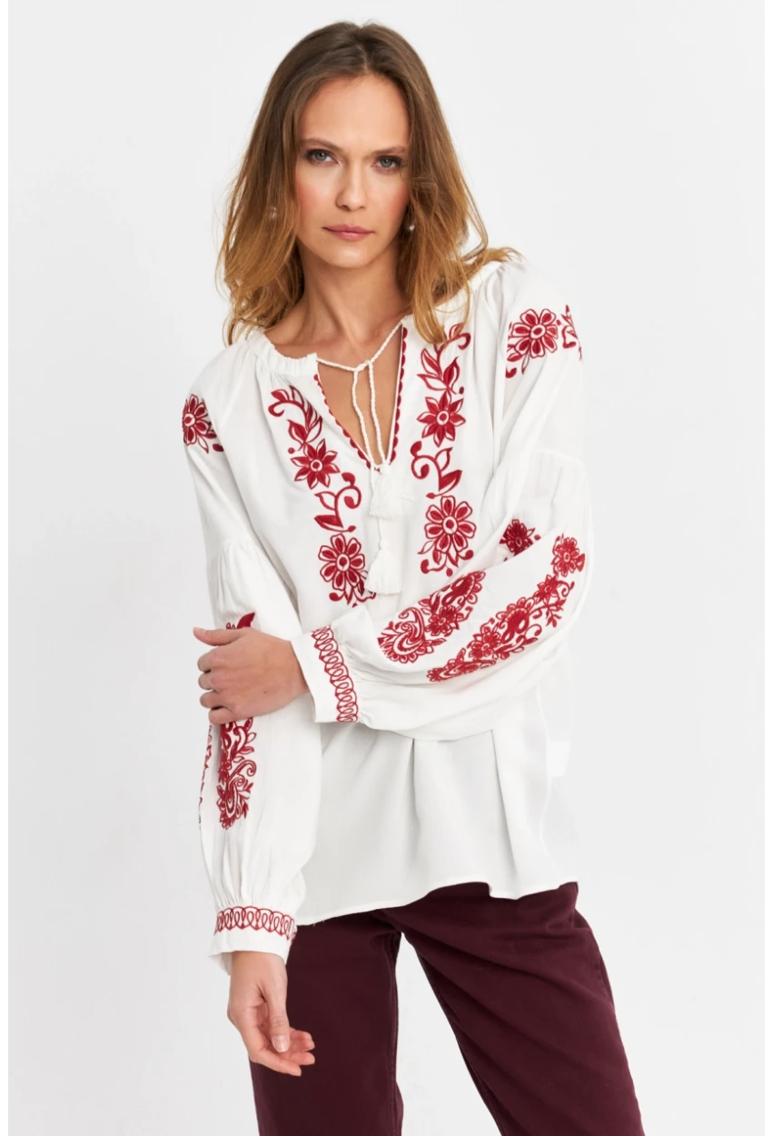 Kadın Ekru-Kiremit Nakışlı Bluz MQS5816