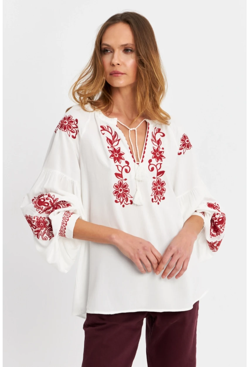Kadın Ekru-Kiremit Nakışlı Bluz MQS5816