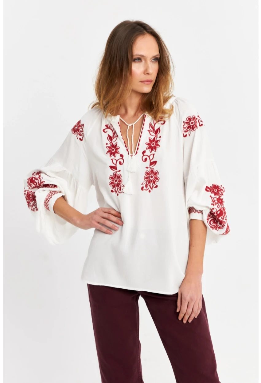 Kadın Ekru-Kiremit Nakışlı Bluz MQS5816