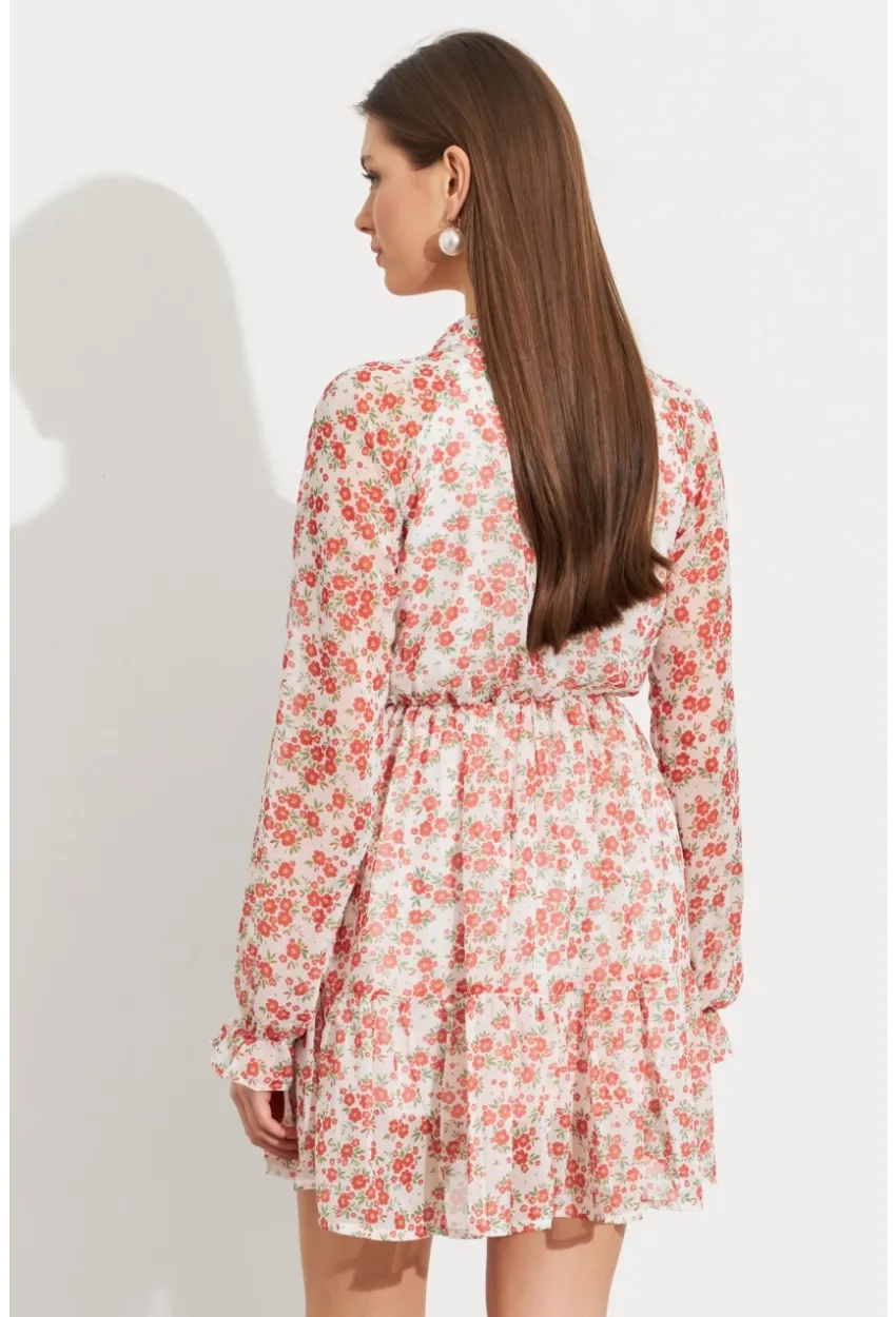 Kadın Ekru-Kırmızı Desenli Şifon Mini Elbise ROP107