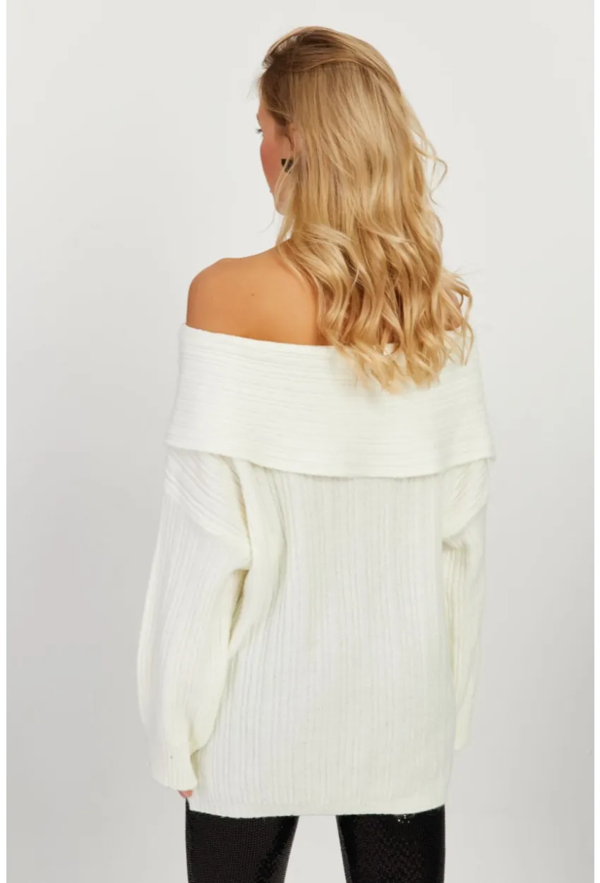 Kadın Ekru Madonna Yaka Triko Kazak KZ2506