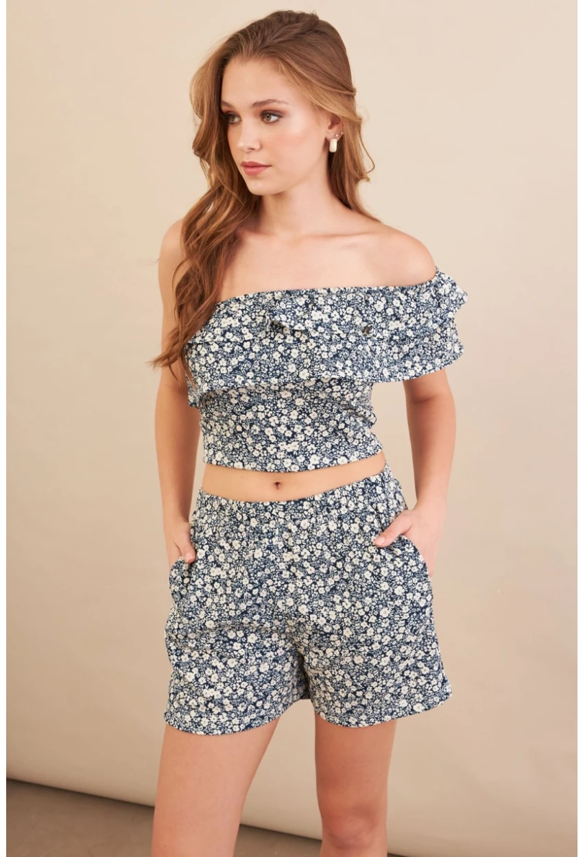 Kadın Ekru-Mavi Desenli Crop Şort Takım EV100