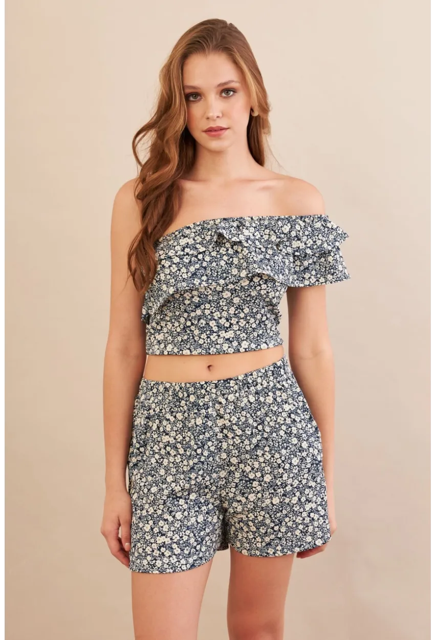 Kadın Ekru-Mavi Desenli Crop Şort Takım EV100