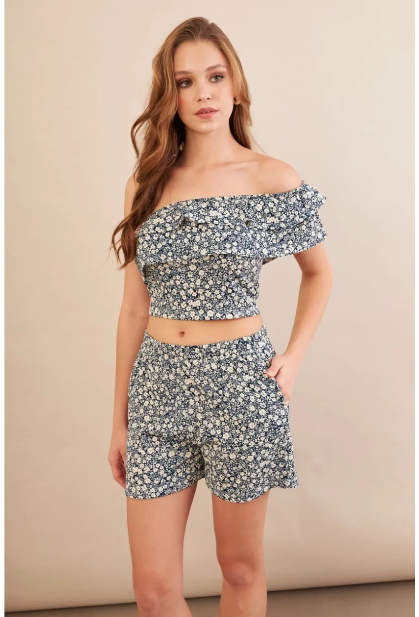 Kadın Ekru-Mavi Desenli Crop Şort Takım EV100