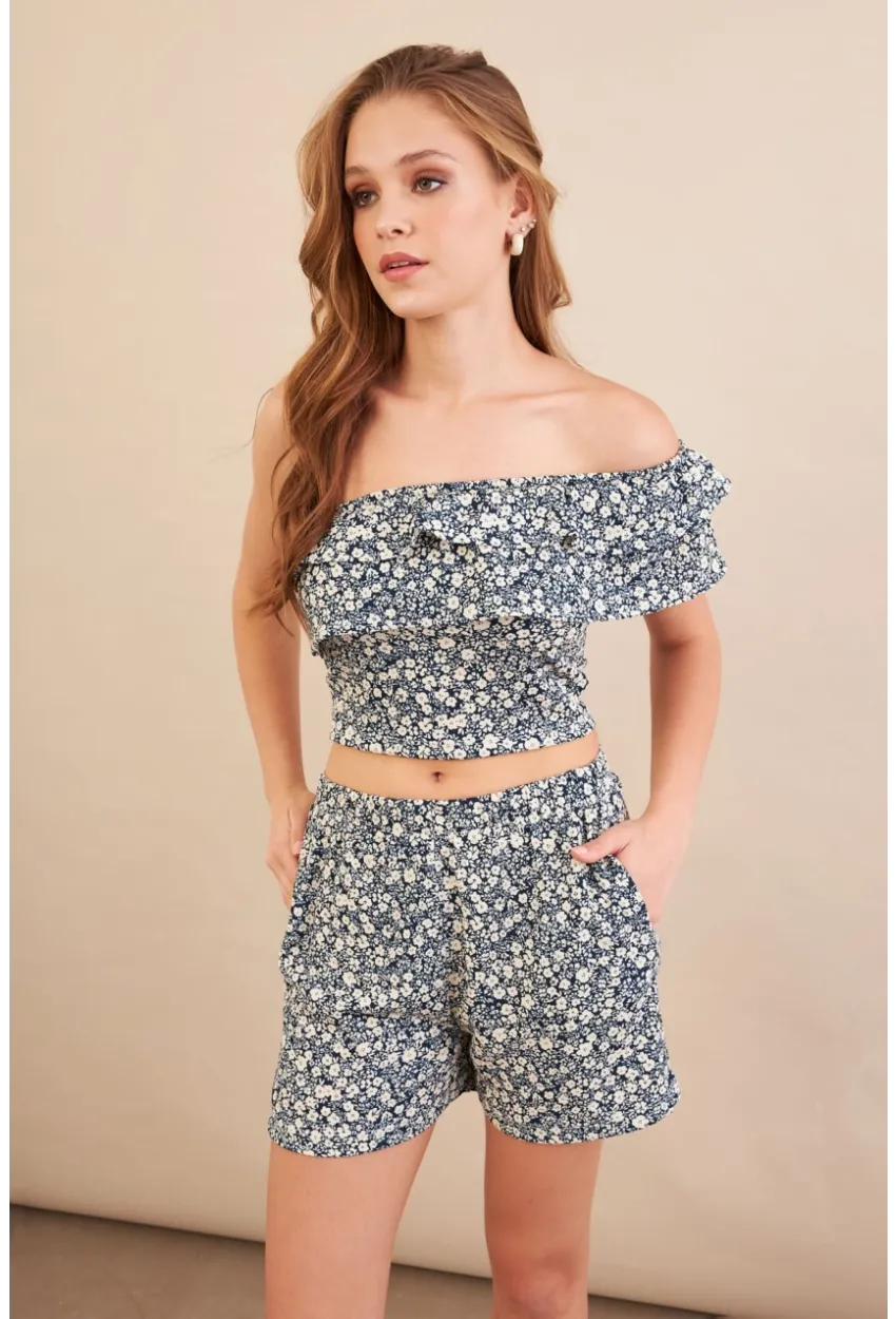 Kadın Ekru-Mavi Desenli Crop Şort Takım EV100