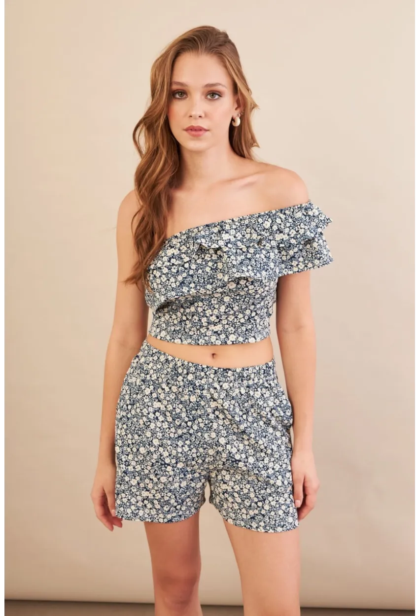 Kadın Ekru-Mavi Desenli Crop Şort Takım EV100