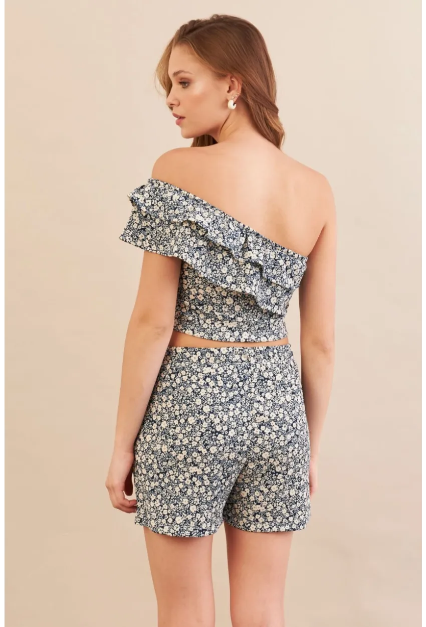 Kadın Ekru-Mavi Desenli Crop Şort Takım EV100