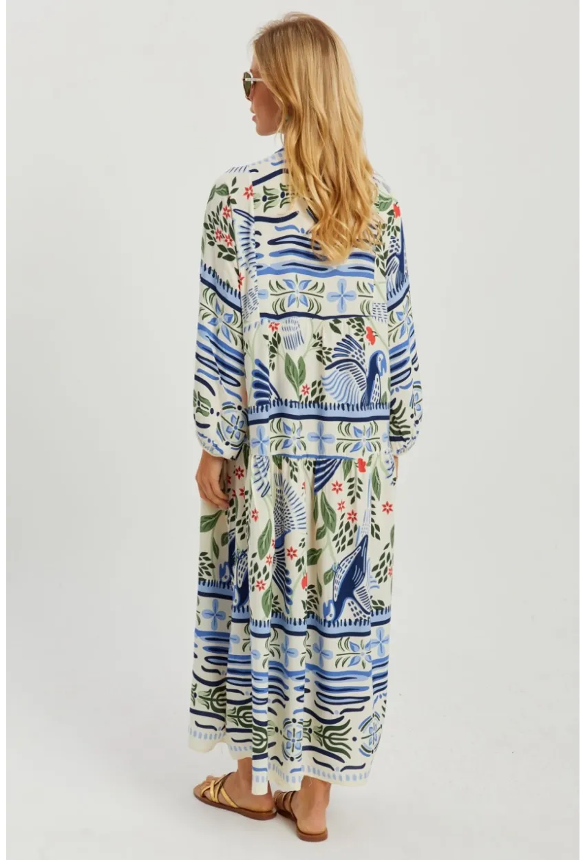 Kadın Ekru-Mavi Desenli Salaş Maxi Elbise GÇ166