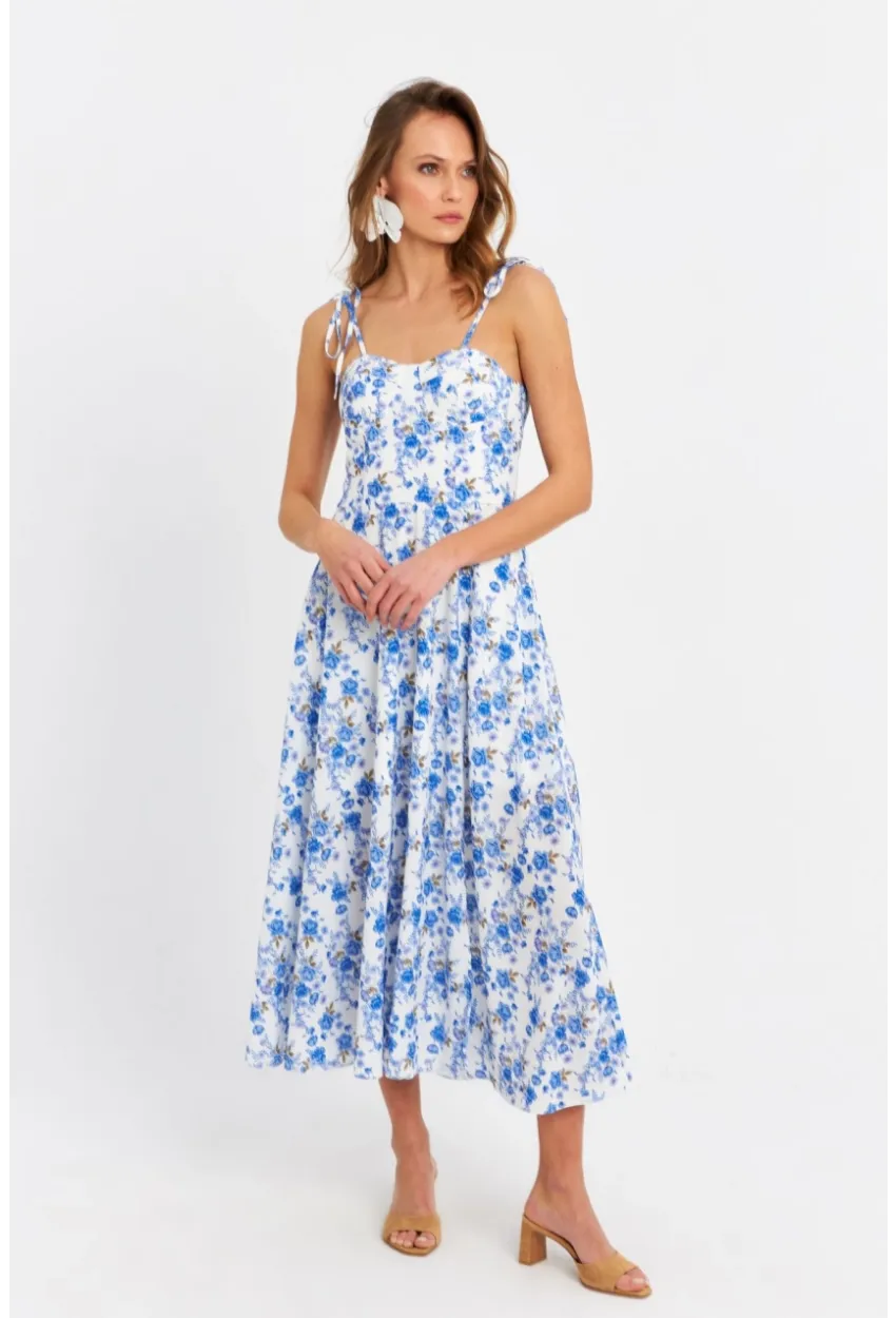 Kadın Ekru-Mavi İp Askılı Çiçekli Midi Elbise ERL10013