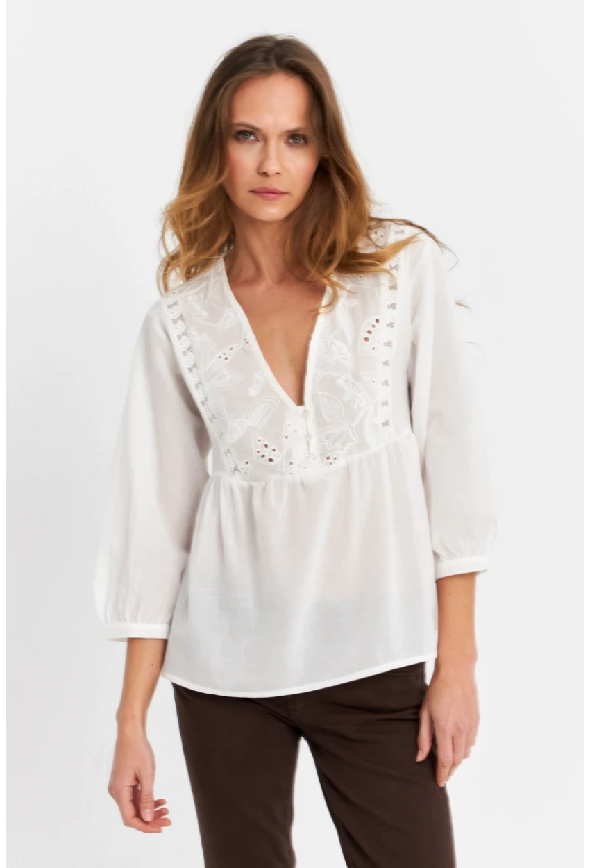 Kadın Ekru Nakış  Detaylı Bluz MQS5837