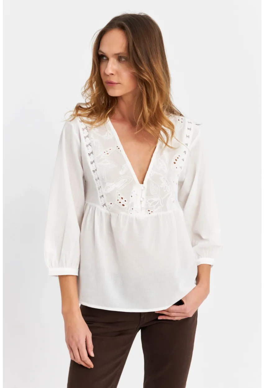 Kadın Ekru Nakış  Detaylı Bluz MQS5837