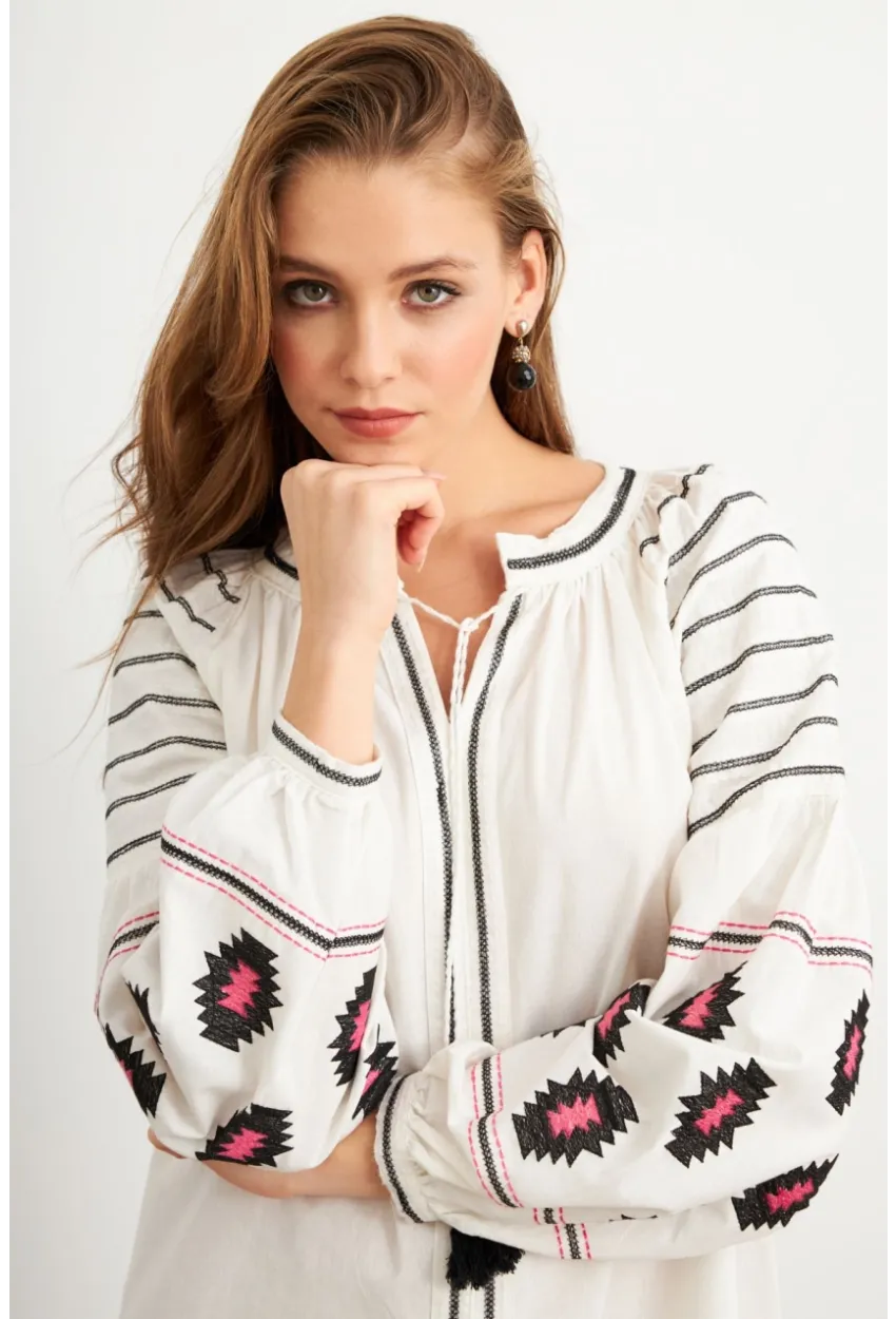 Kadın Ekru Nakışlı Balon Kol Keten Midi Elbise MQS5689-1