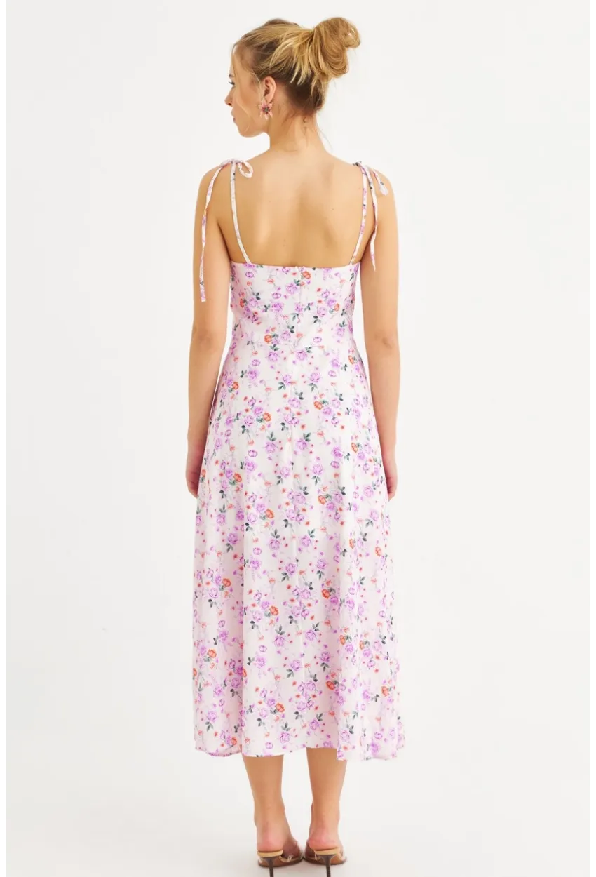 Kadın Ekru-Pembe İp Askılı Çiçekli Midi Elbise ERL10013