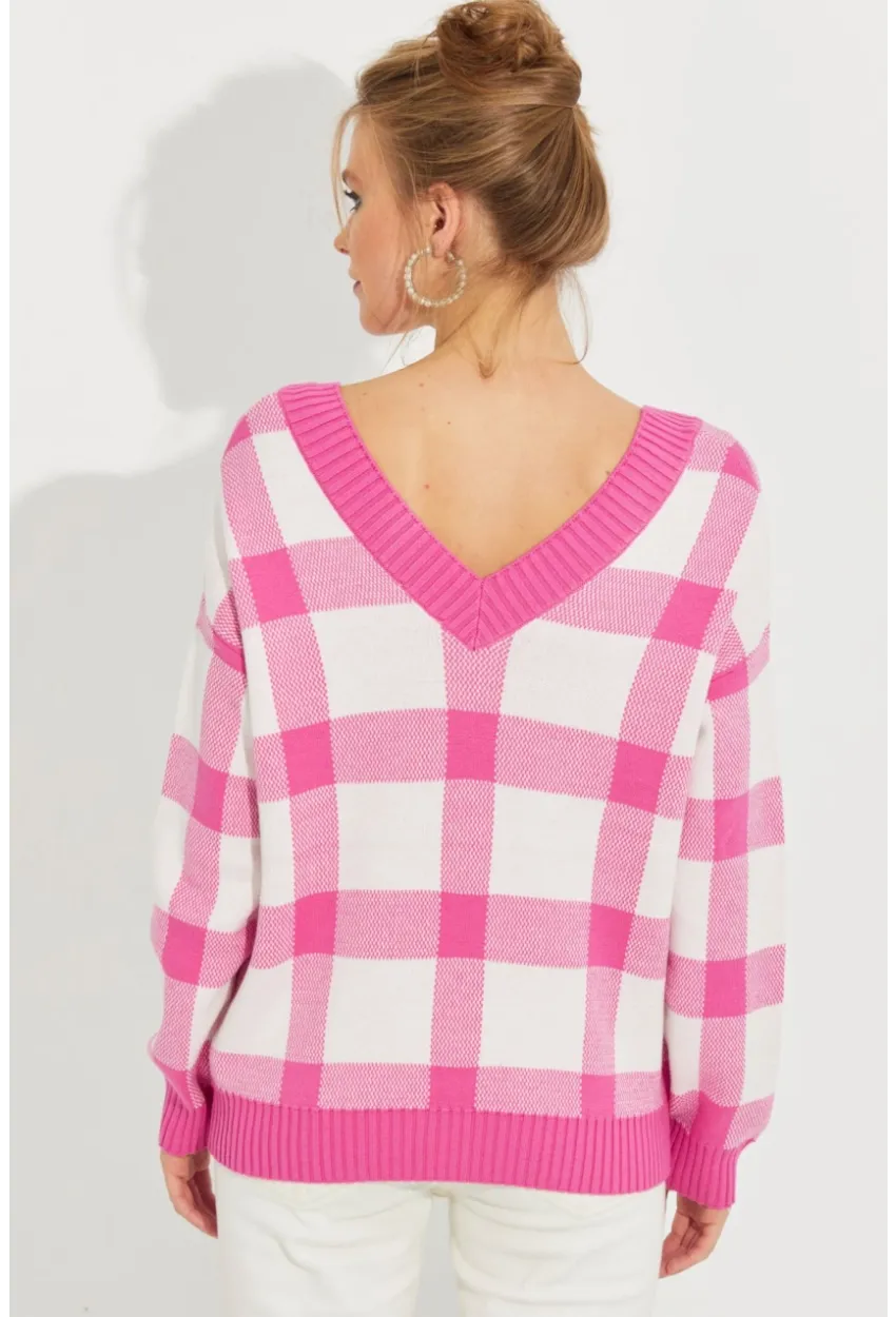 Kadın Ekru-Pembe V Yaka Ekose Triko Kazak TH1102