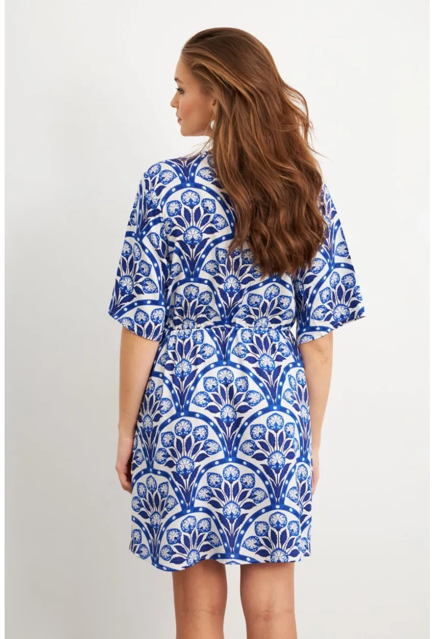 Kadın Ekru-Saks Desenli Mini Elbise Q1006