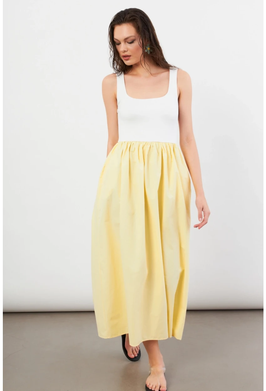 Kadın Ekru-Sarı Kare Yaka Paraşüt Midi Elbise İRE1460