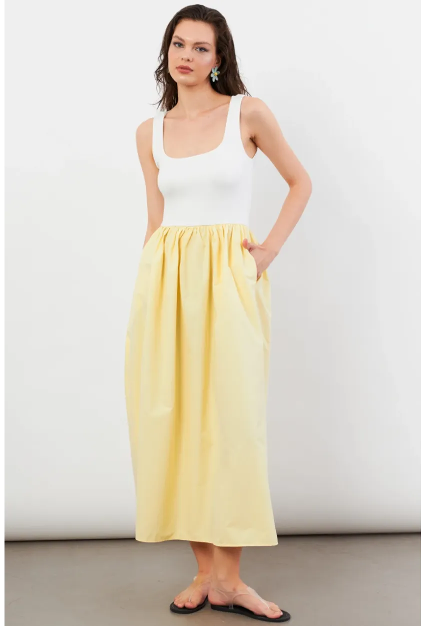 Kadın Ekru-Sarı Kare Yaka Paraşüt Midi Elbise İRE1460