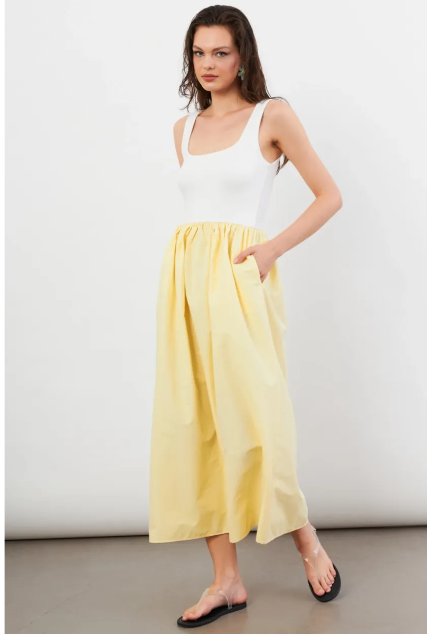 Kadın Ekru-Sarı Kare Yaka Paraşüt Midi Elbise İRE1460