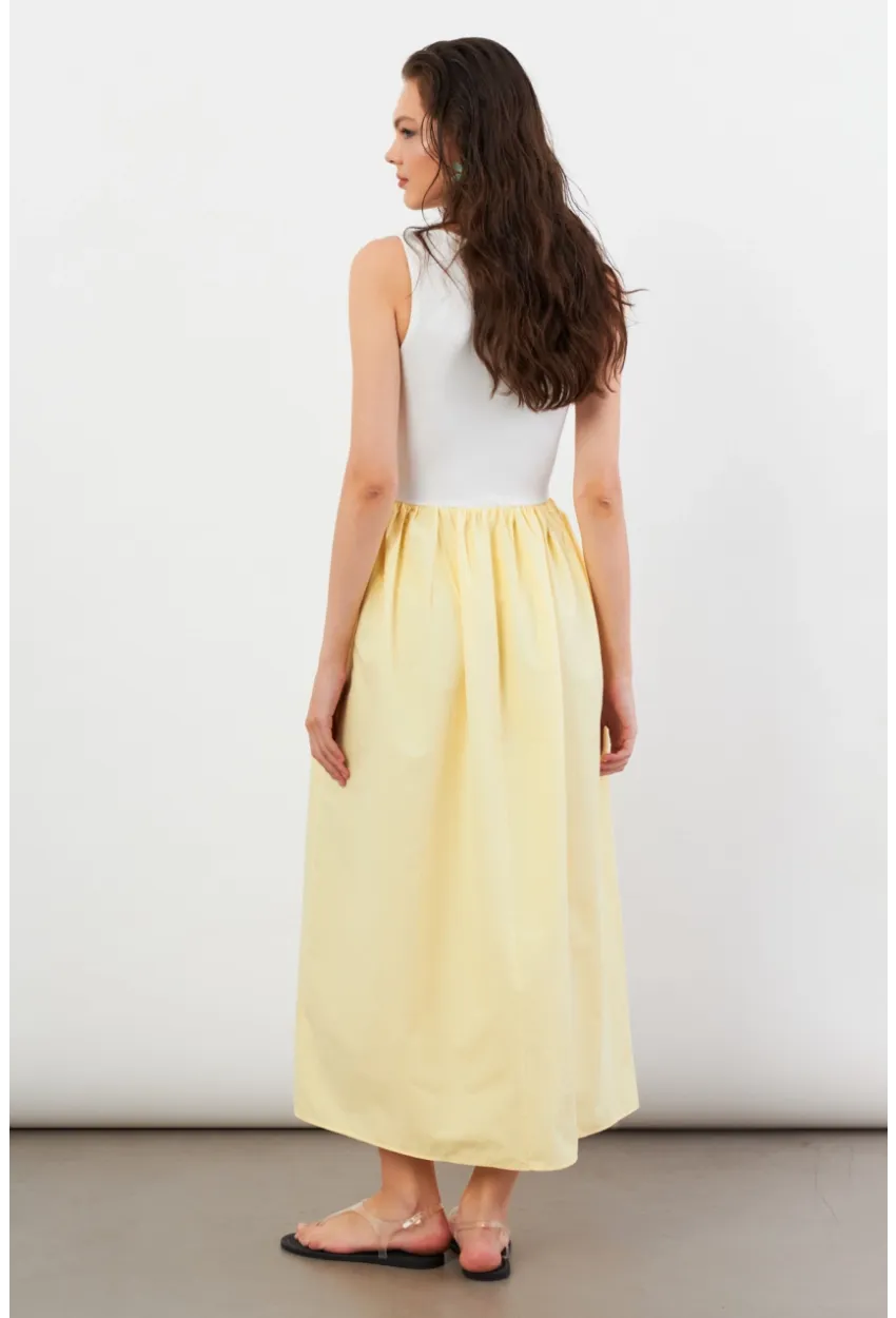 Kadın Ekru-Sarı Kare Yaka Paraşüt Midi Elbise İRE1460