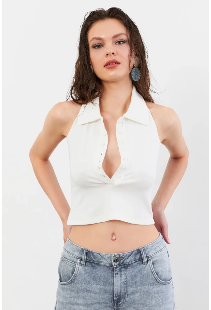 Kadın Ekru Sırtı Açık Düğmeli Bluz LPP1246-90
