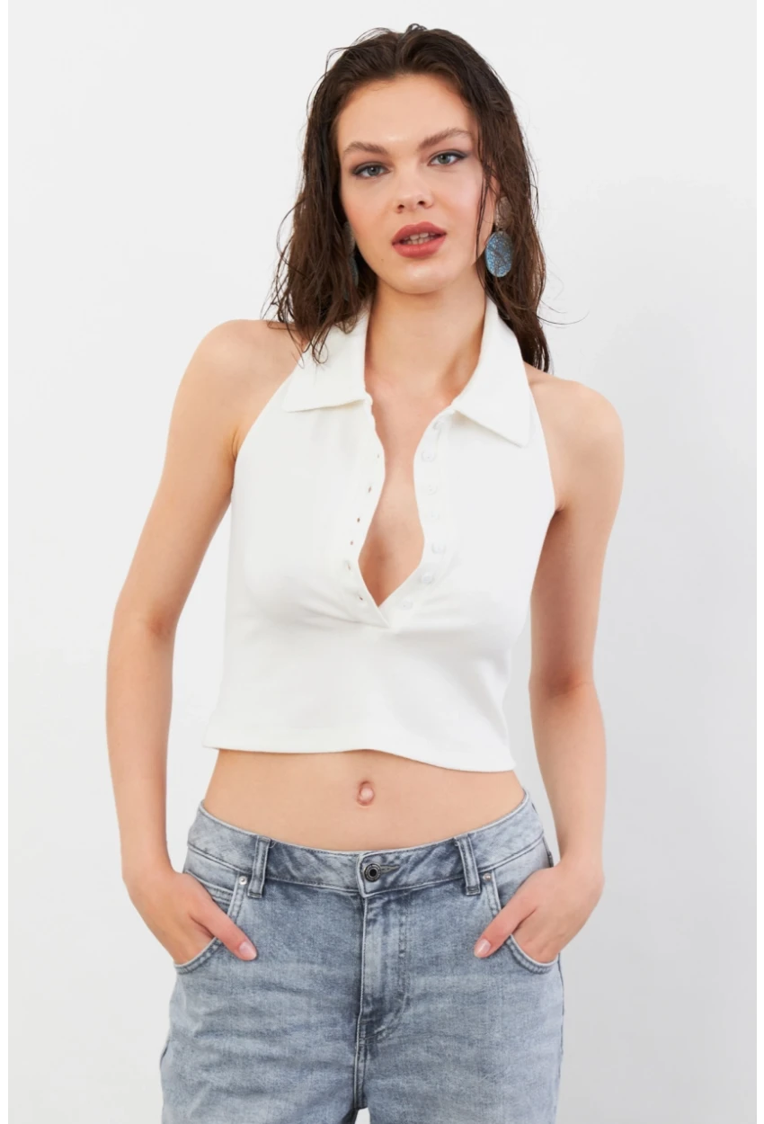 Kadın Ekru Sırtı Açık Düğmeli Bluz LPP1246-90